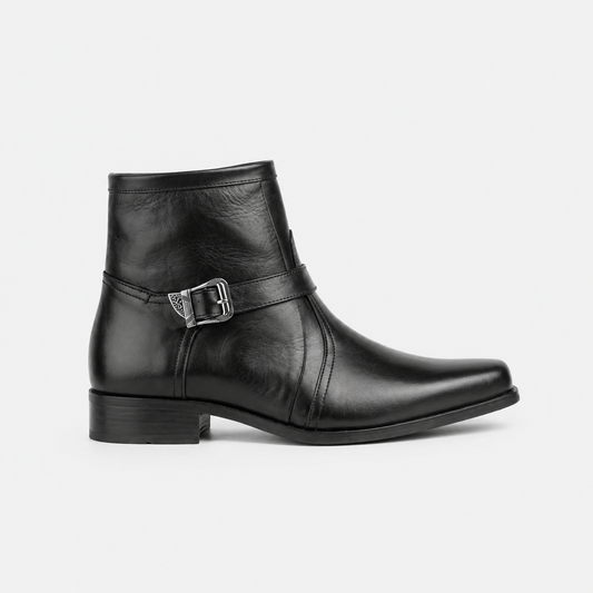 Black Leather Buckle Ankle Boot