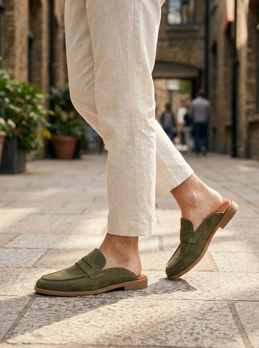 Vonta Olive Green Suede Men's Mule Loafers